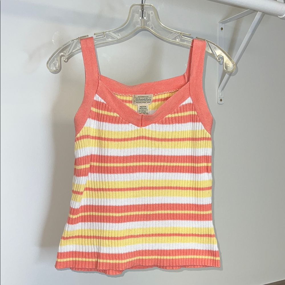 St. John's Bay Coral Yellow White Stripe Ribbed Tank- M